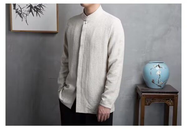 Linen jacquard long-sleeved shirt solid color Zen suit tea suit - Image 7