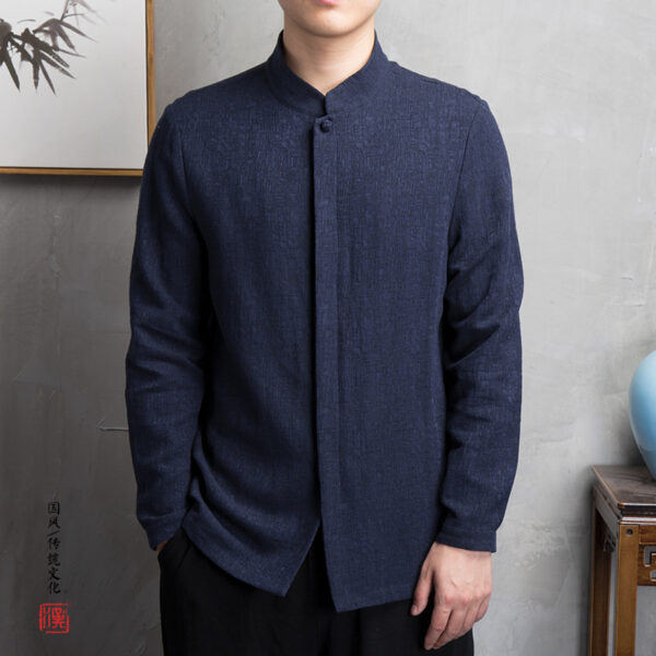 Linen jacquard long-sleeved shirt solid color Zen suit tea suit - Image 9
