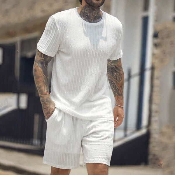 Solid crewneck pullover vertical t-shirt shorts tracksuit - Image 4