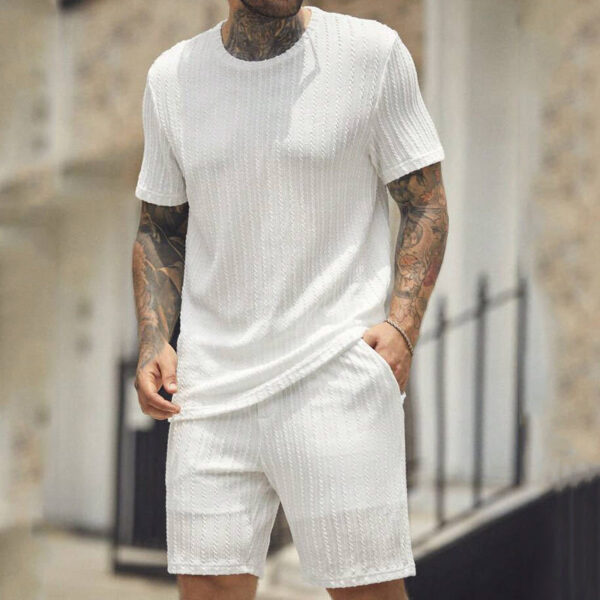 Solid crewneck pullover vertical t-shirt shorts tracksuit - Image 5