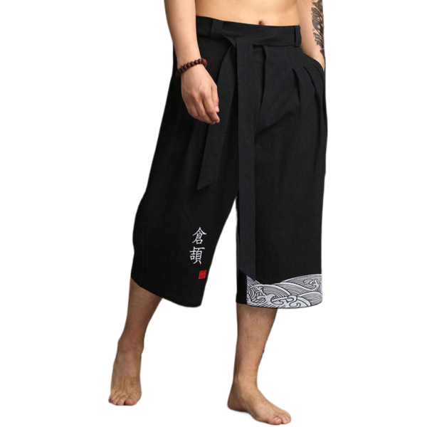 Cropped straight-leg wide-leg trousers with linen vintage embroidery