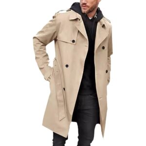 Men's Fashion Solid Color Trench Coat with Lapel, Double-Breasted, Belted Casual Jacket